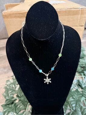 Festive Silver Snowflake Necklace with Blue and Green Beads
